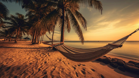 Exotic Beach Landscape with Hammock and Palm Trees generated by AIの素材