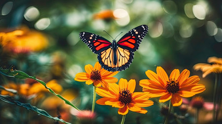Butterfly and Flowers: A Colorful Contrast generated by AIの素材