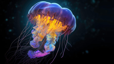 A stunning bioluminescent jellyfish on a dark background generated by AIの素材