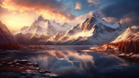 Lake on the Background of Mountains: Nature Landscape generated by AIの素材