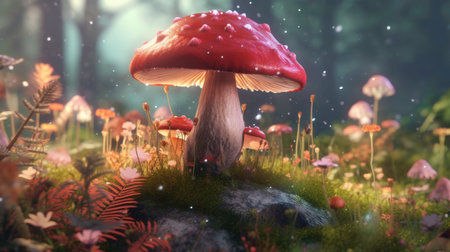 Fantasy Forest with Magic Mushrooms and Fairies generated by AIの素材