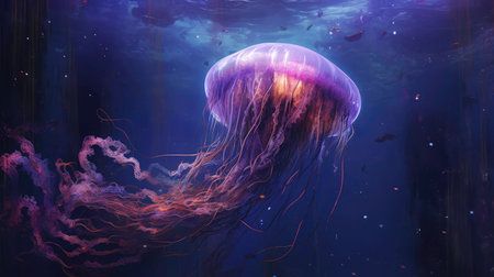 A transparent glass-like jellyfish on a dark background generated by AIの素材