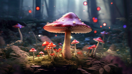 Nature and Magic Concept: Fairy Tale Mushrooms in Woodland generated by AIの素材