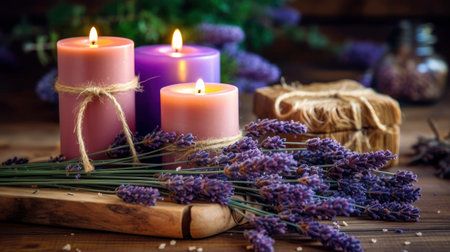 A cozy and warm composition of candles and lavender with a soft fragrance generated by AIの素材