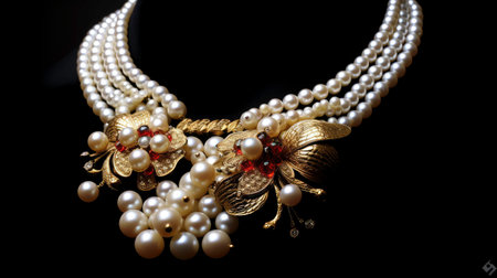 Pearl and Crystal Bead Necklace on Dark Background generated by AIの素材