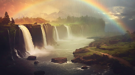 Beautiful Scenic View of Waterfall and Rainbow in Green Forest generated by AIの素材