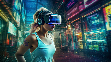Girl Experiencing Virtual Reality with VR Headset generated by AIの素材
