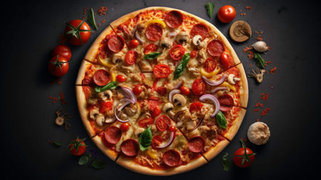 Top View of Whole Pepperoni Pizza on Black Stone Background generated by AIの素材
