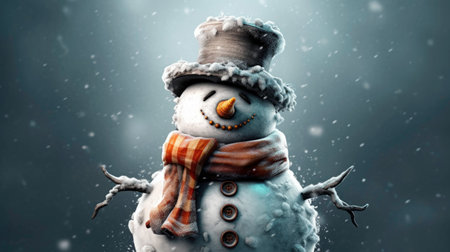 Cute Snowman with Carrot Nose and Scarf on Winter Composition generated by AIの素材