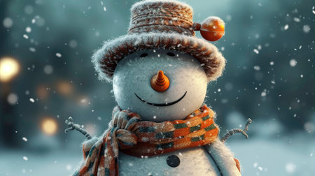 Cute Snowman with Carrot Nose and Scarf on Winter Composition generated by AIの素材