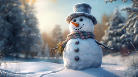 Cute Snowman with Carrot Nose and Scarf on Winter Composition generated by AIの素材