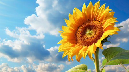 Closeup of a sunflower blossom with blue sky and clouds generated by AIの素材
