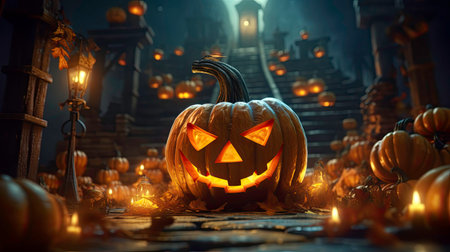 A Spooky Halloween Night with Pumpkins and Ghosts generated by AIの素材