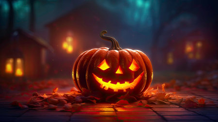 A Spooky Halloween Night with Pumpkins and Ghosts generated by AIの素材