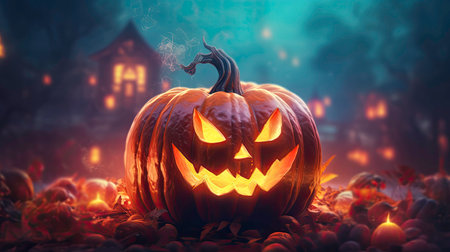 A Spooky Halloween Night with Pumpkins and Ghosts generated by AIの素材