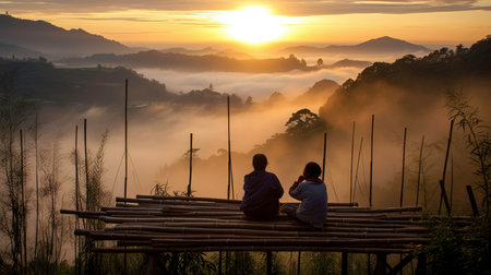 Colorful Sunset Landscape with People Silhouettes on a Hill Generated by AIの素材