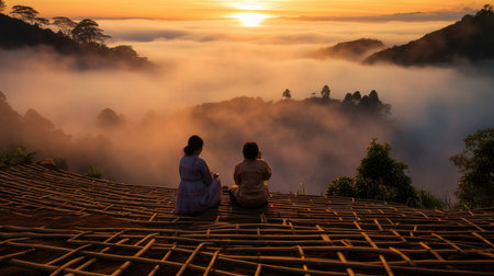 Colorful Sunset Landscape with People Silhouettes on a Hill Generated by AIの素材
