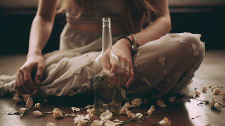 Girl with a Glass Bottle and White Flowers Generated by AIの素材