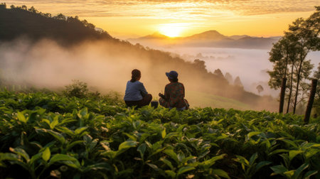 Colorful Sunset Landscape with People Silhouettes on a Hill Generated by AIの素材