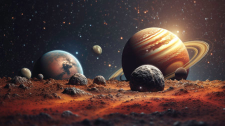 Digital Graphic of a 3D Planet Parade with the Sun and Stars generated by AIの素材