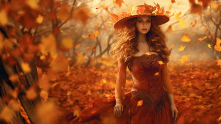 Cute Girl in Cozy Sweater and Hat on Autumn Background generated by AIの素材