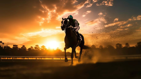 Equestrian Sport of Horse Racing with Jockeys generated by AIの素材