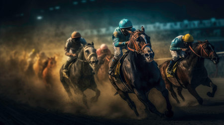 Equestrian Sport of Horse Racing with Jockeys generated by AIの素材