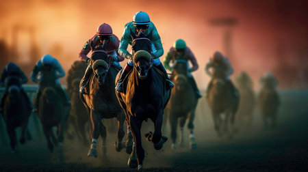 Equestrian Sport of Horse Racing with Jockeys generated by AIの素材