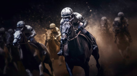 Equestrian Sport of Horse Racing with Jockeys generated by AIの素材
