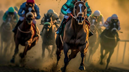Equestrian Sport of Horse Racing with Jockeys generated by AIの素材