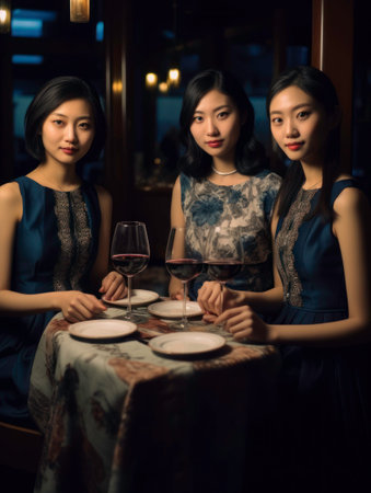 Chic and Stylish Asian Girls Relaxing with Wine and Gourmet Cuisine generated by AIの素材