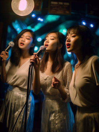 Lively and Energetic Asian Women with Microphones and Neon Lights generated by AIの素材