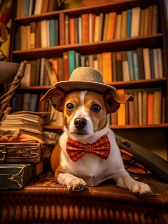 Dog in Red Bow Tie and Hat on Sofa in Living Room Generated by AIの素材