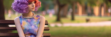 Girl in Purple Wig and Rainbow Dress Sitting on Bench in Park Generated by AIの素材