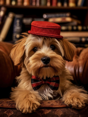 Dog in Red Bow Tie and Hat on Sofa in Living Room Generated by AIの素材