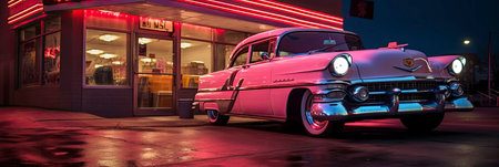 Retro Style Pink Vehicle Parked by Neon Light Snack Bar Generated by AIの素材