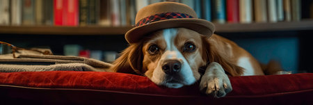 Dog in Red Bow Tie and Hat on Sofa in Living Room Generated by AIの素材