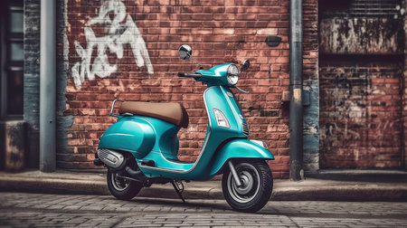 Turquoise Vespa Scooter Parked by Graffiti Wall Generated by AIの素材
