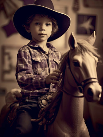 Cute and Happy Child Playing Cowboy with Toy Horse in Bedroom Generated by AIの素材