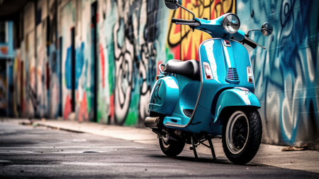 Turquoise Vespa Scooter Parked by Graffiti Wall Generated by AIの素材
