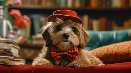 Dog in Red Bow Tie and Hat on Sofa in Living Room Generated by AIの素材