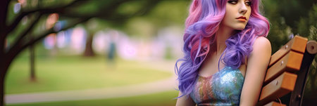 Girl in Purple Wig and Rainbow Dress Sitting on Bench in Park Generated by AIの素材