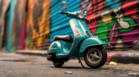 Turquoise Vespa Scooter Parked by Graffiti Wall Generated by AIの素材