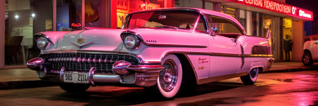 Retro Style Pink Vehicle Parked by Neon Light Snack Bar Generated by AIの素材