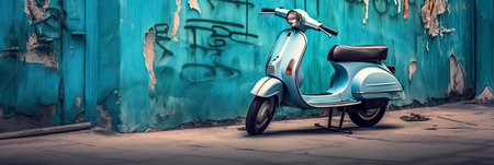 Turquoise Vespa Scooter Parked by Graffiti Wall Generated by AIの素材