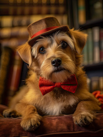 Dog in Red Bow Tie and Hat on Sofa in Living Room Generated by AIの素材