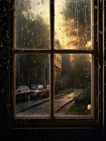 Window with Dew Drops in Wooden Frame Generated by AIの素材