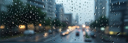 Macro Detail of Rain and Dew Drops on Smooth Glass with Sky and City Background Generated by AIの素材