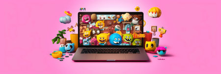 Communication with Smiley and Sticker Messages on Computer Monitor Generated by AIの素材