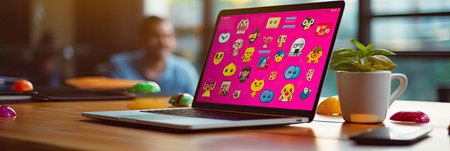 Communication with Smiley and Sticker Messages on Computer Monitor Generated by AIの素材